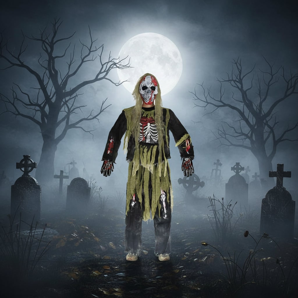 Halloween Zombie Costume with Skull Mask Skeleton Gloves and Tattered Gauze - Image 2
