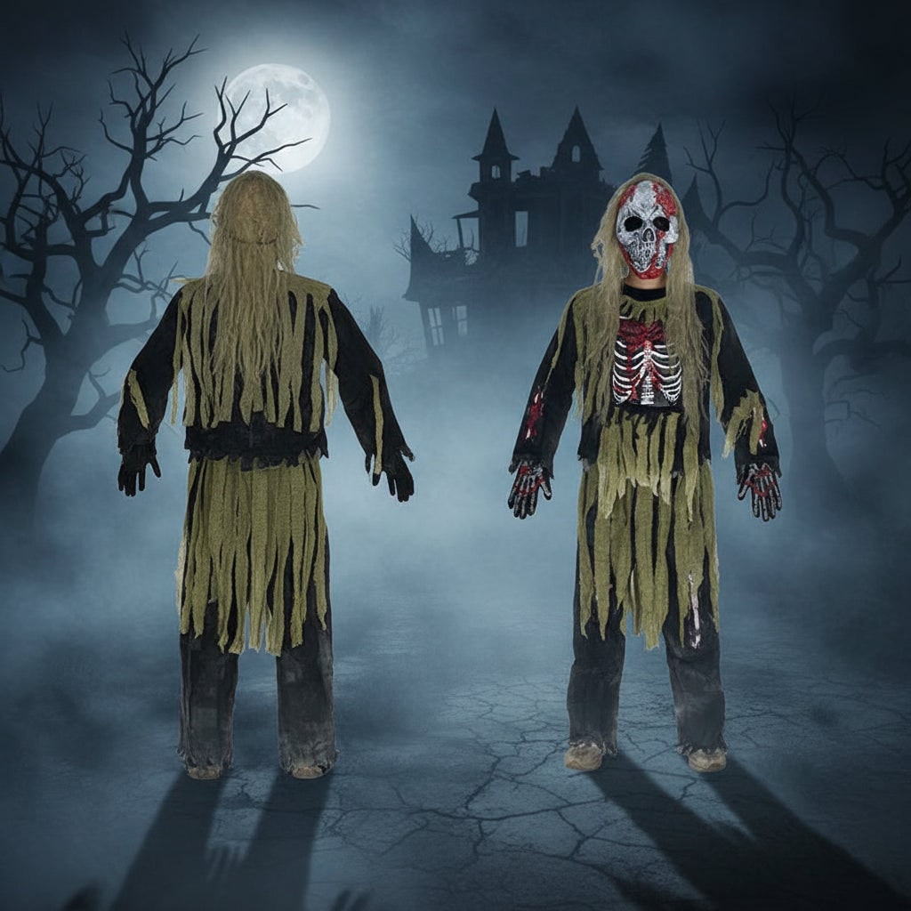Halloween Zombie Costume with Skull Mask Skeleton Gloves and Tattered Gauze - Image 3