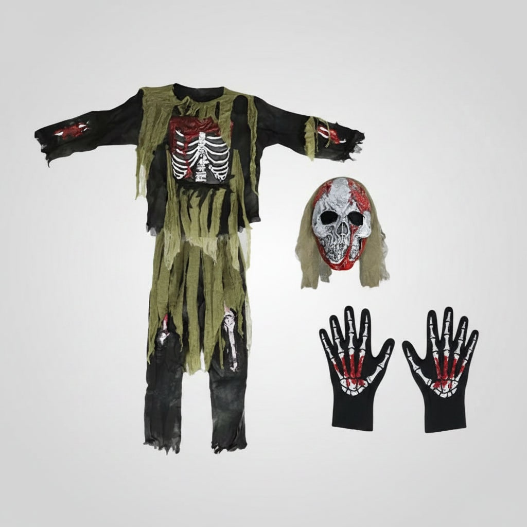 Halloween Zombie Costume with Skull Mask Skeleton Gloves and Tattered Gauze - Image 4