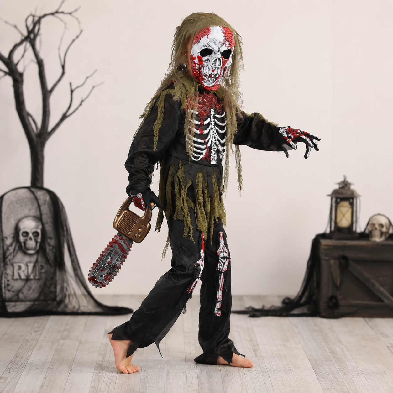Halloween Zombie Skeleton Costume Outfit with Mask and Gloves - Image 1