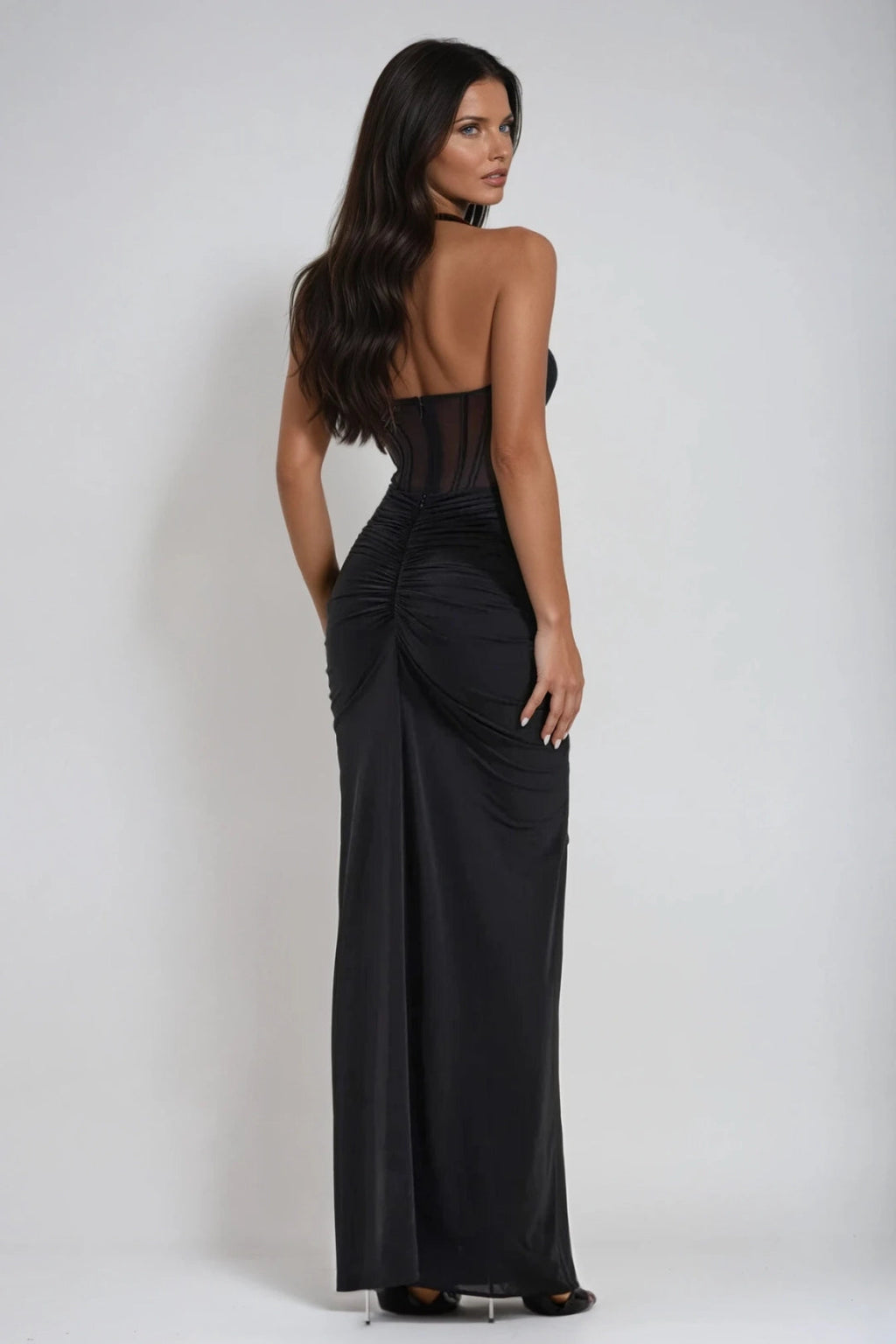 Halter Neck Corset Bodice Sheer Panel Long Evening Dress — back view