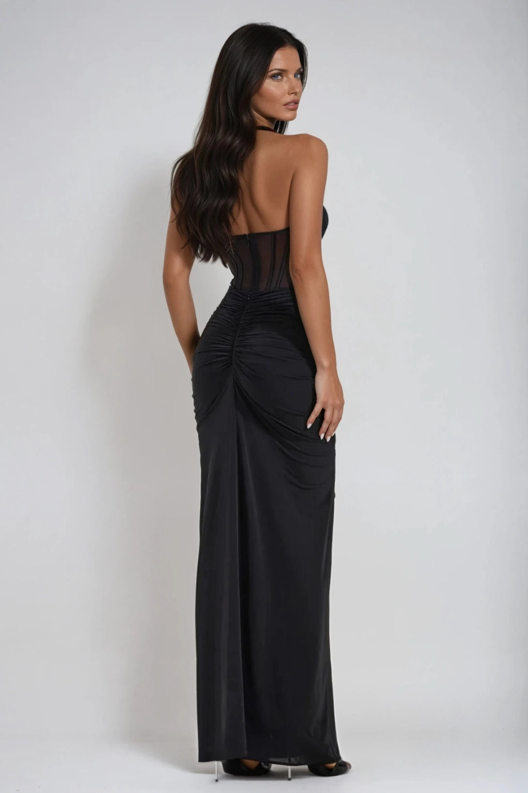 Halter Neck Corset Bodice Sheer Panel Long Evening Dress — back view