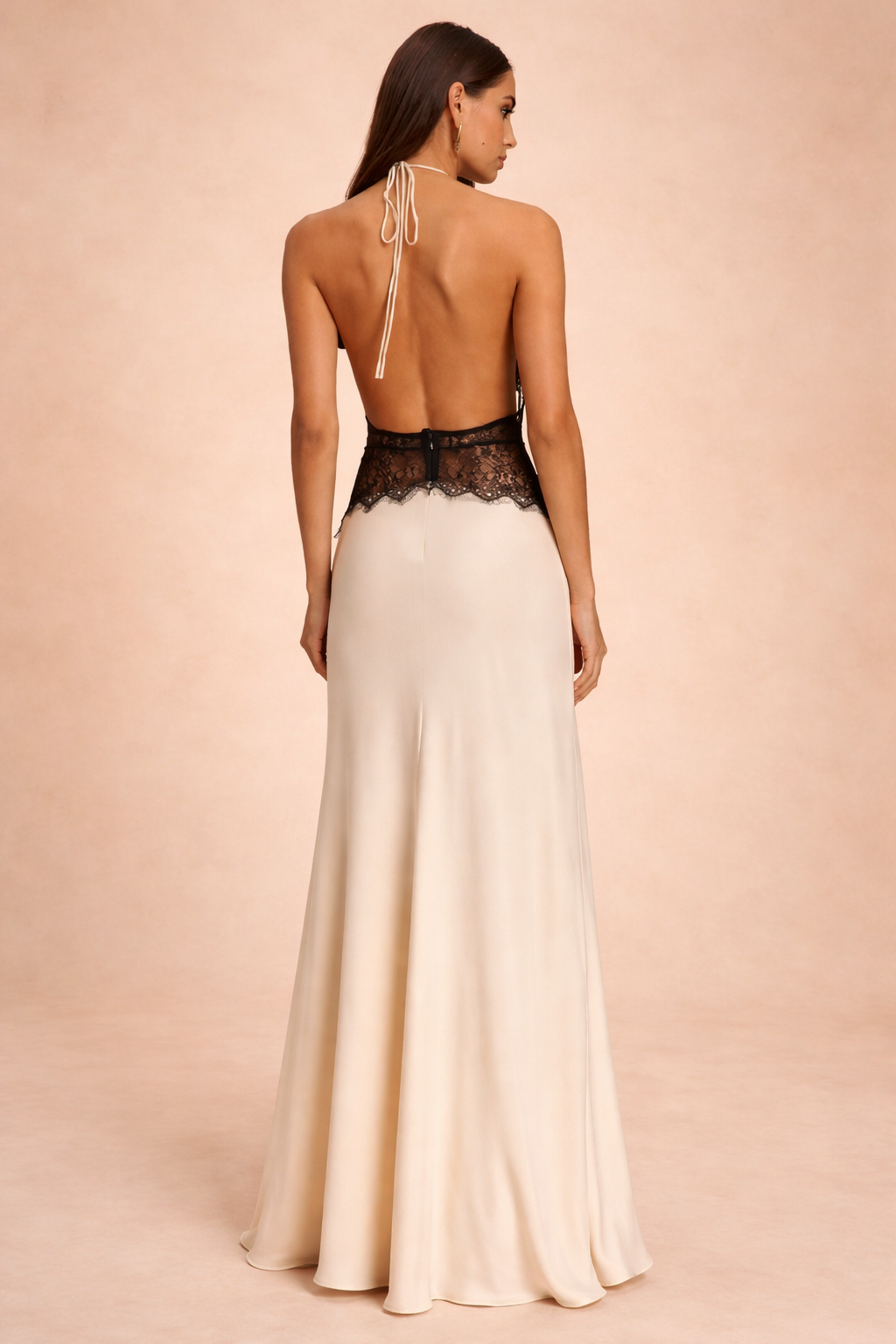 Halter Neck Satin Lace Panel Open Back Long Dress — back view