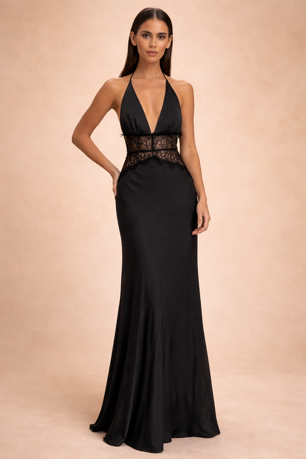 Halter Neck Satin Lace Panel Open Back Long Dress — close-up