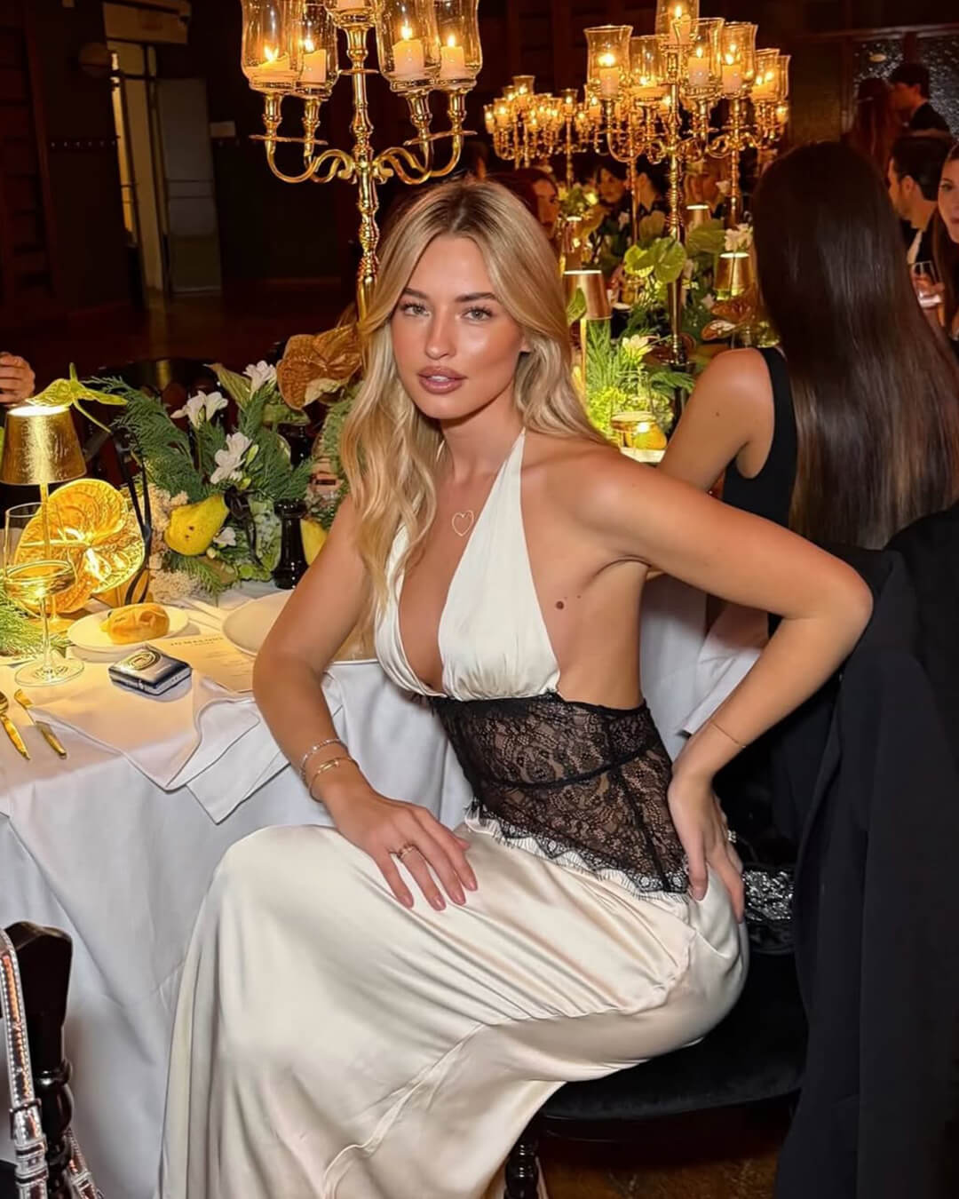 Halter Neck Satin Lace Panel Open Back Long Dress — model wearing