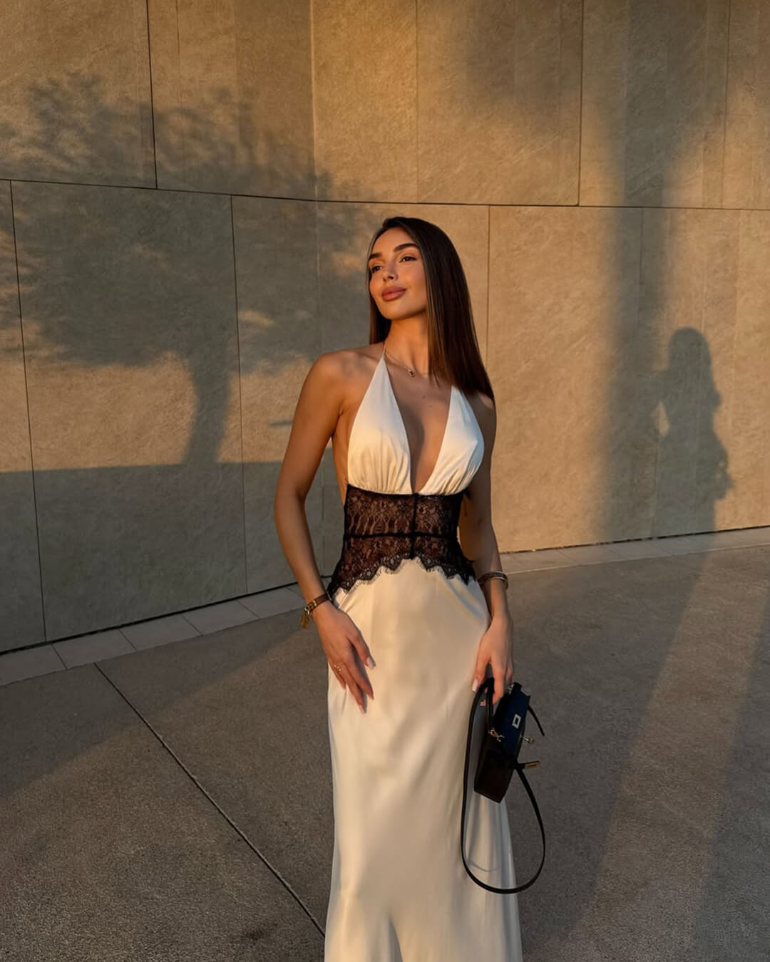 Halter Neck Satin Lace Panel Open Back Long Dress — side view