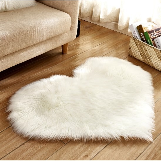 Heart Shaped Area Rug with Non Slip Pad Plush Faux Fur Shaggy Floor Mat Black And White - Image 15