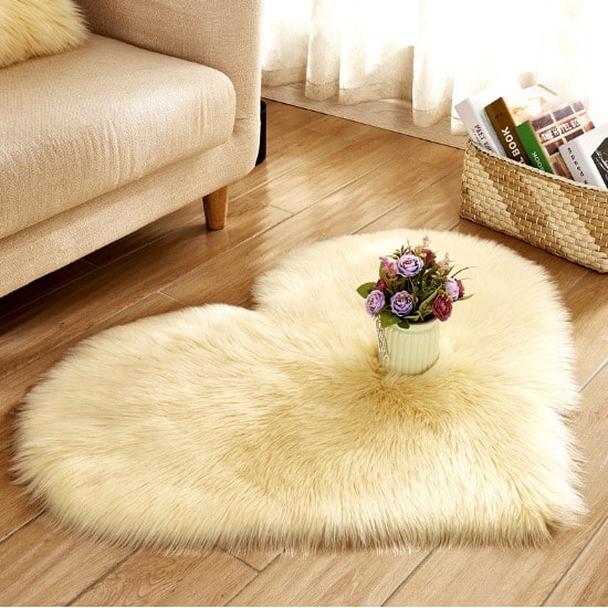 Heart Shaped Area Rug with Non Slip Pad Plush Faux Fur Shaggy Floor Mat Black And White - Image 2