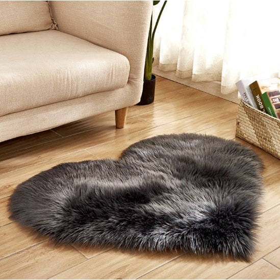 Heart Shaped Area Rug with Non Slip Pad Plush Faux Fur Shaggy Floor Mat Black And White - Image 4
