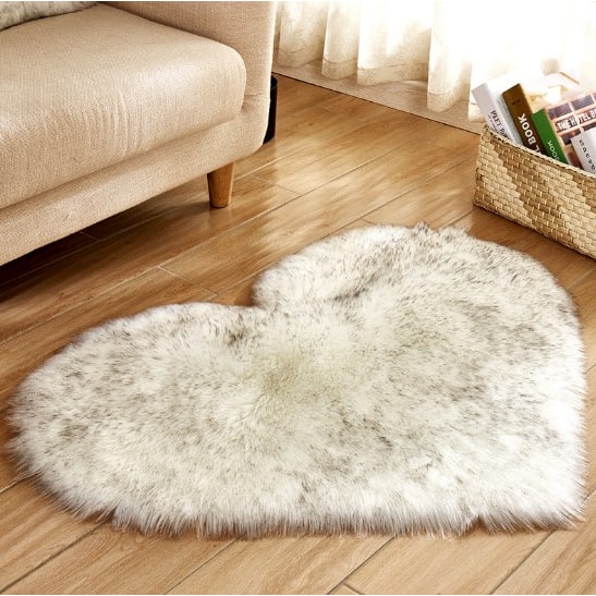 Heart Shaped Area Rug with Non Slip Pad Plush Faux Fur Shaggy Floor Mat Black And White - Image 5