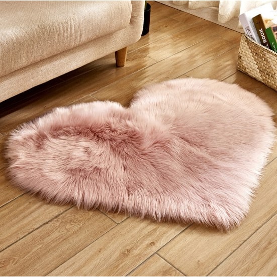 Heart Shaped Area Rug with Non Slip Pad Plush Faux Fur Shaggy Floor Mat Black And White - Image 6
