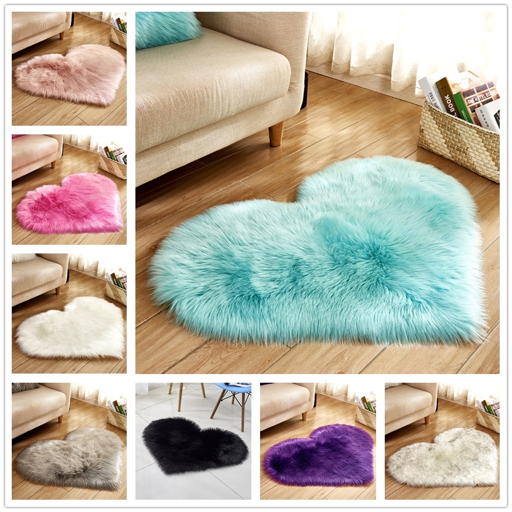 Heart Shaped Area Rug with Non Slip Pad Plush Faux Fur Shaggy Floor Mat Black And White - Image 7