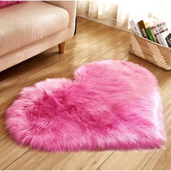 Heart Shaped Area Rug with Non Slip Pad Plush Faux Fur Shaggy Floor Mat Black And White - Image 9