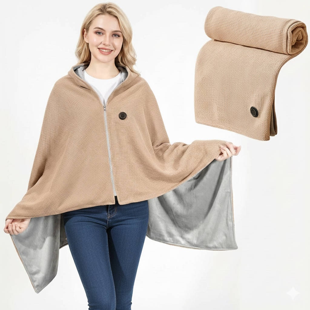 Heated Blanket Electric Heater Shawl with Hood Waffle Knit Eight Heating Zones and USB Power - Image 1