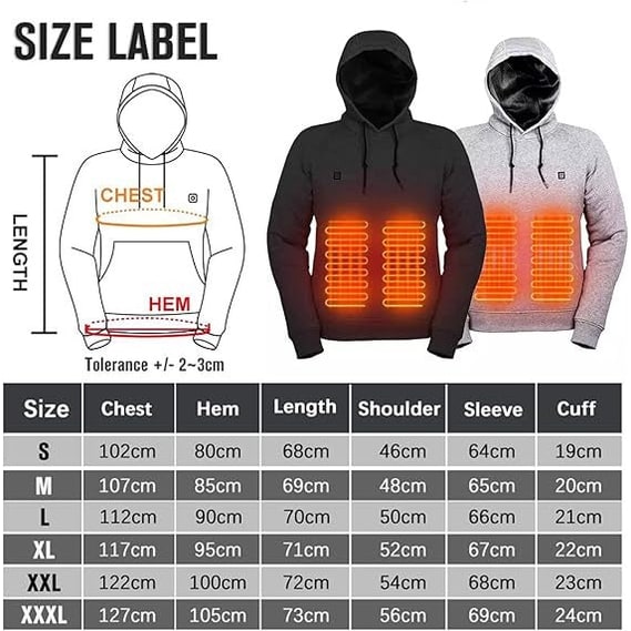 Heated Jacket and Hoodie with USB Electric Power 3 Temperature Settings and Zippered Pockets - Image 11