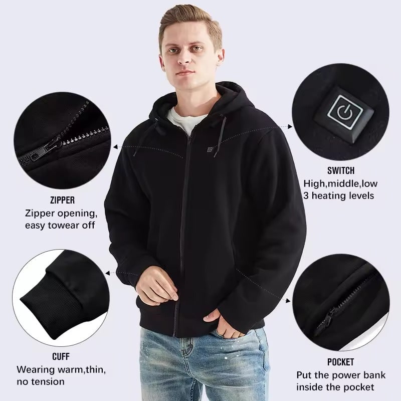 Heated Jacket and Hoodie with USB Electric Power 3 Temperature Settings and Zippered Pockets - Image 5