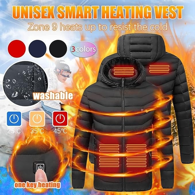 Heated Puffer Jacket with Hood 9 Heating Zones Quilted Lightweight Coat with Zippered Pockets - Image 2