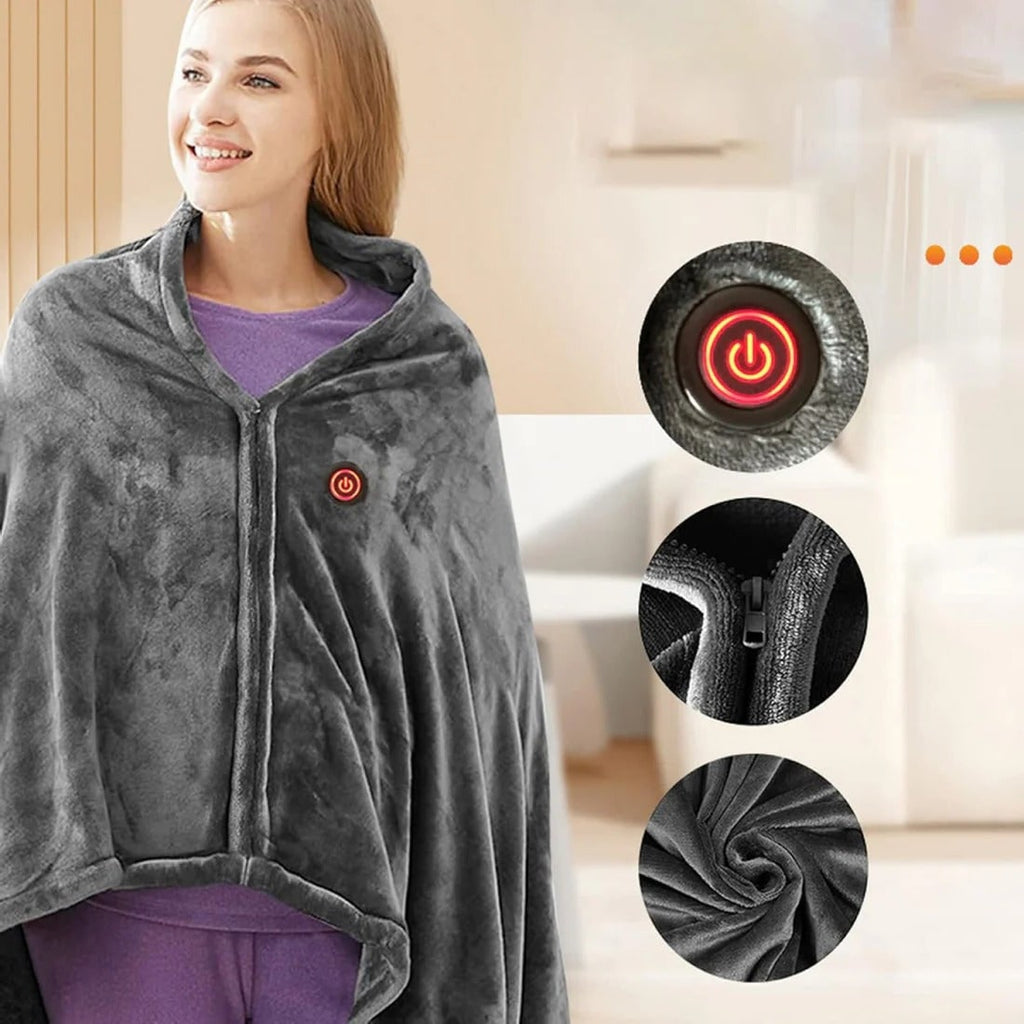 Heated Shawl with Fleece Wrap Zipper Closure and USB Power for Energy Efficient Warmth - Image 2