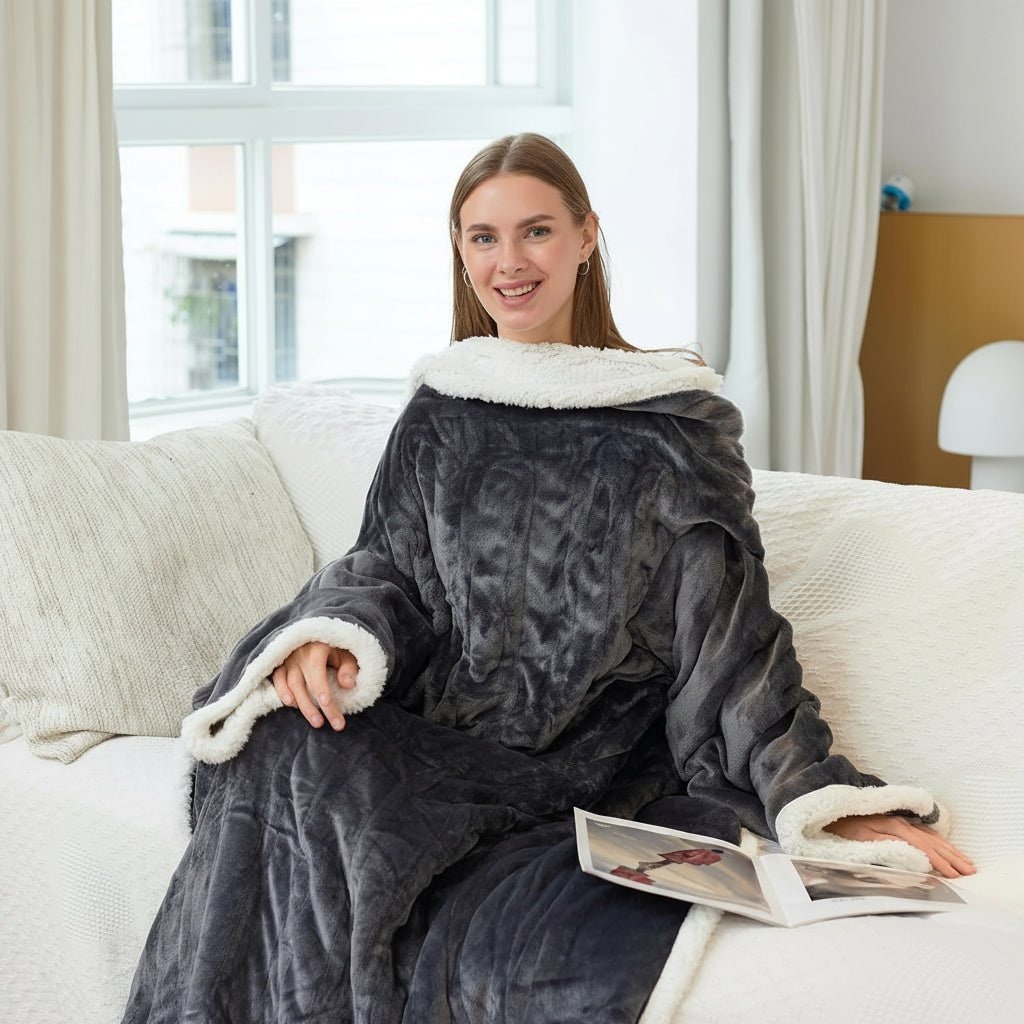 Heated Throw Blanket with Wearable Sherpa Fleece Sleeves and Foot Pocket - Image 1