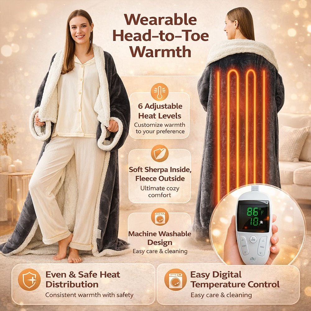 Heated Throw Blanket with Wearable Sherpa Fleece Sleeves and Foot Pocket - Image 2