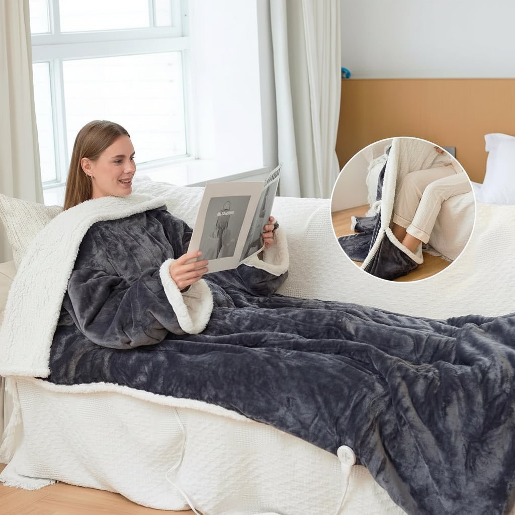 Heated Throw Blanket with Wearable Sherpa Fleece Sleeves and Foot Pocket - Image 3