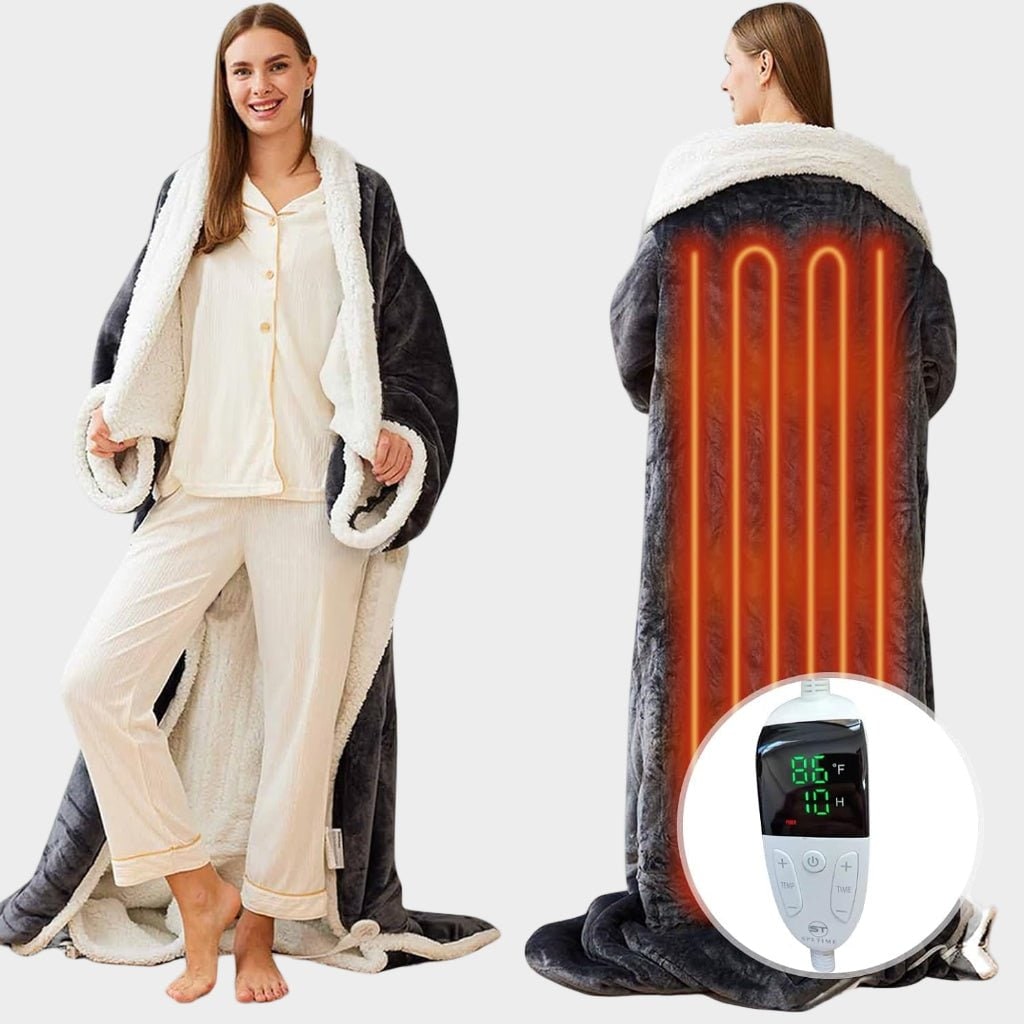 Heated Throw Blanket with Wearable Sherpa Fleece Sleeves and Foot Pocket - Image 4