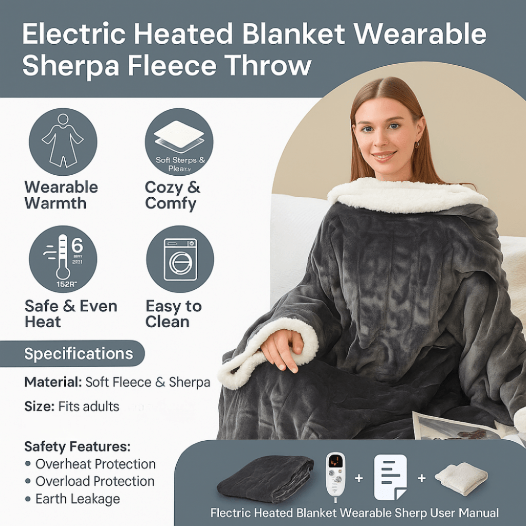 Heated Throw Blanket with Wearable Sherpa Fleece Sleeves and Foot Pocket - Image 6
