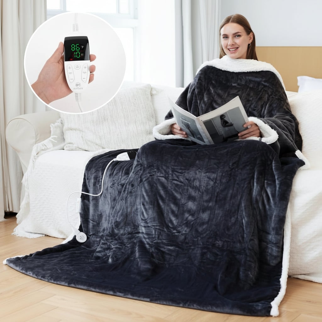 Heated Throw Blanket with Wearable Sherpa Fleece Sleeves and Foot Pocket - Image 9