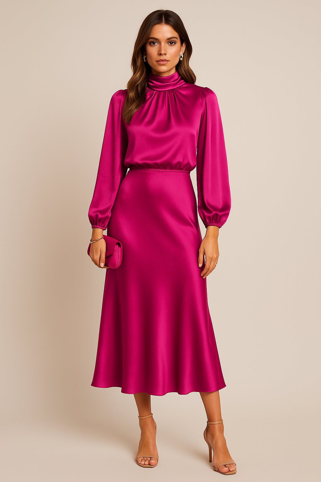 High-Neck Satin Midi Dress with Balloon Sleeves and Bias-Cut Skirt — back close-up