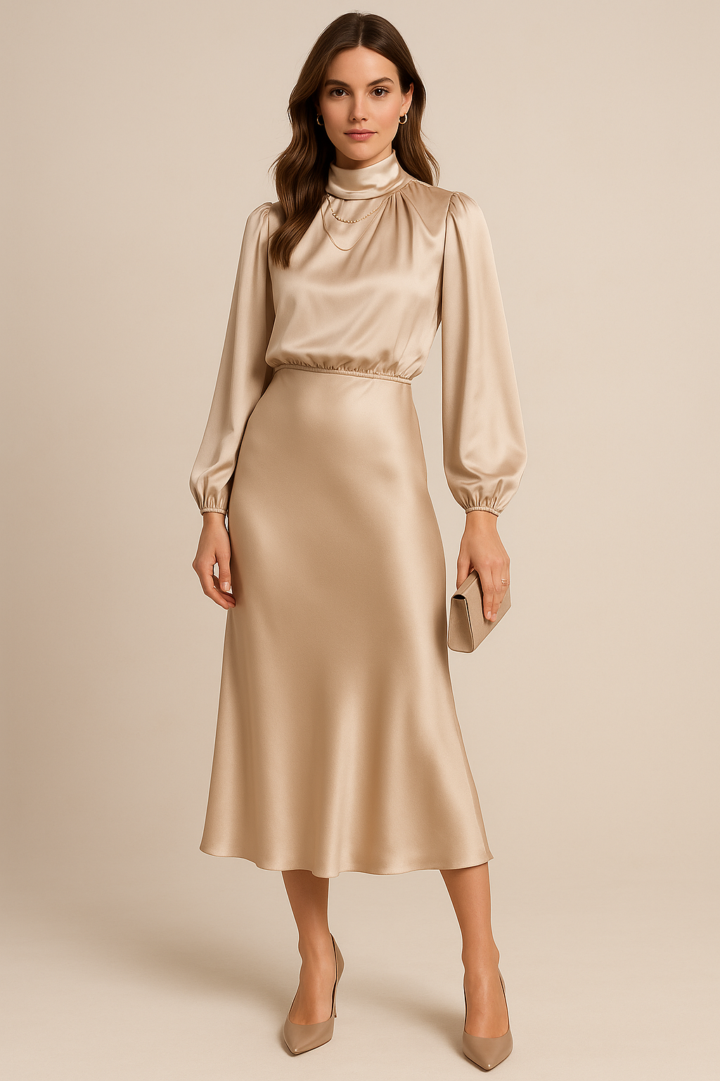 High-Neck Satin Midi Dress with Balloon Sleeves and Bias-Cut Skirt — back view
