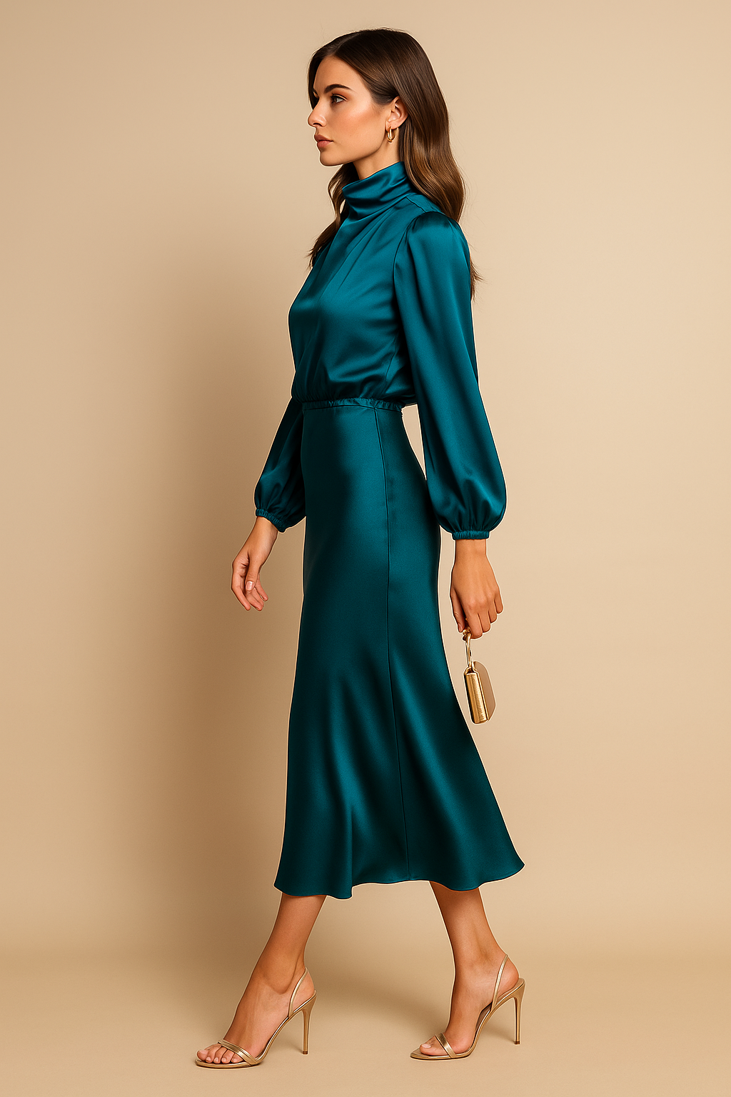 High-Neck Satin Midi Dress with Balloon Sleeves and Bias-Cut Skirt — close-up