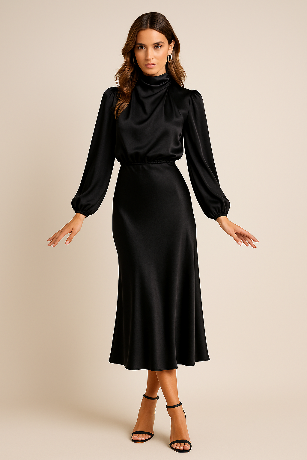 High-Neck Satin Midi Dress with Balloon Sleeves and Bias-Cut Skirt — detail view