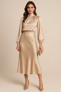 High-Neck Satin Midi Dress with Balloon Sleeves and Bias-Cut Skirt
