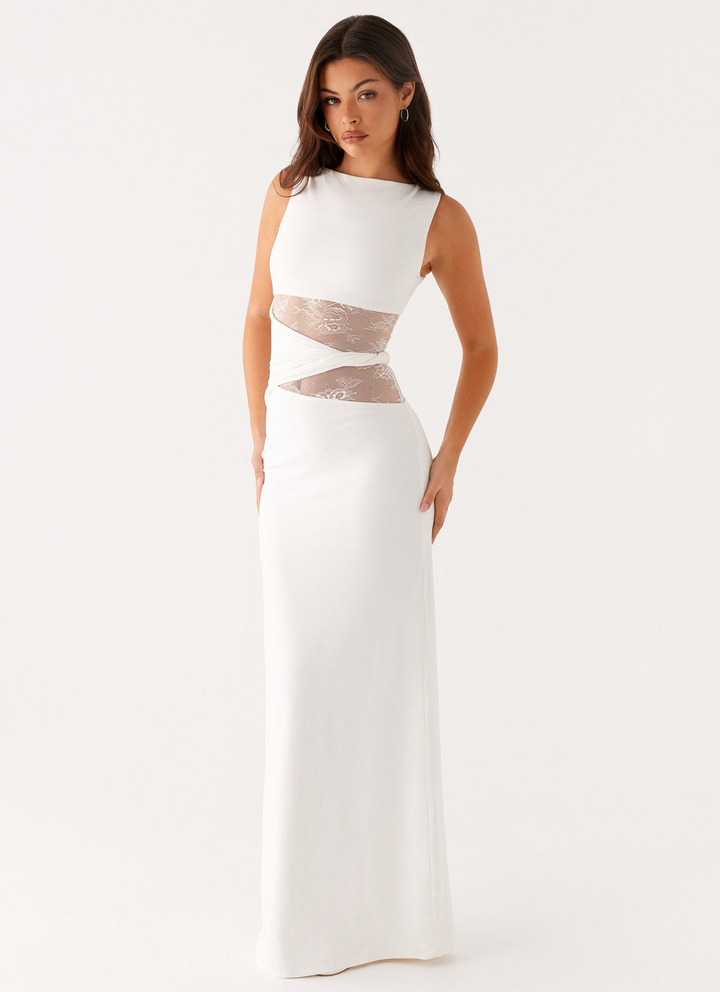 High Neck Sleeveless Lace Cut Out Refined Formal Long Dress — alternative angle