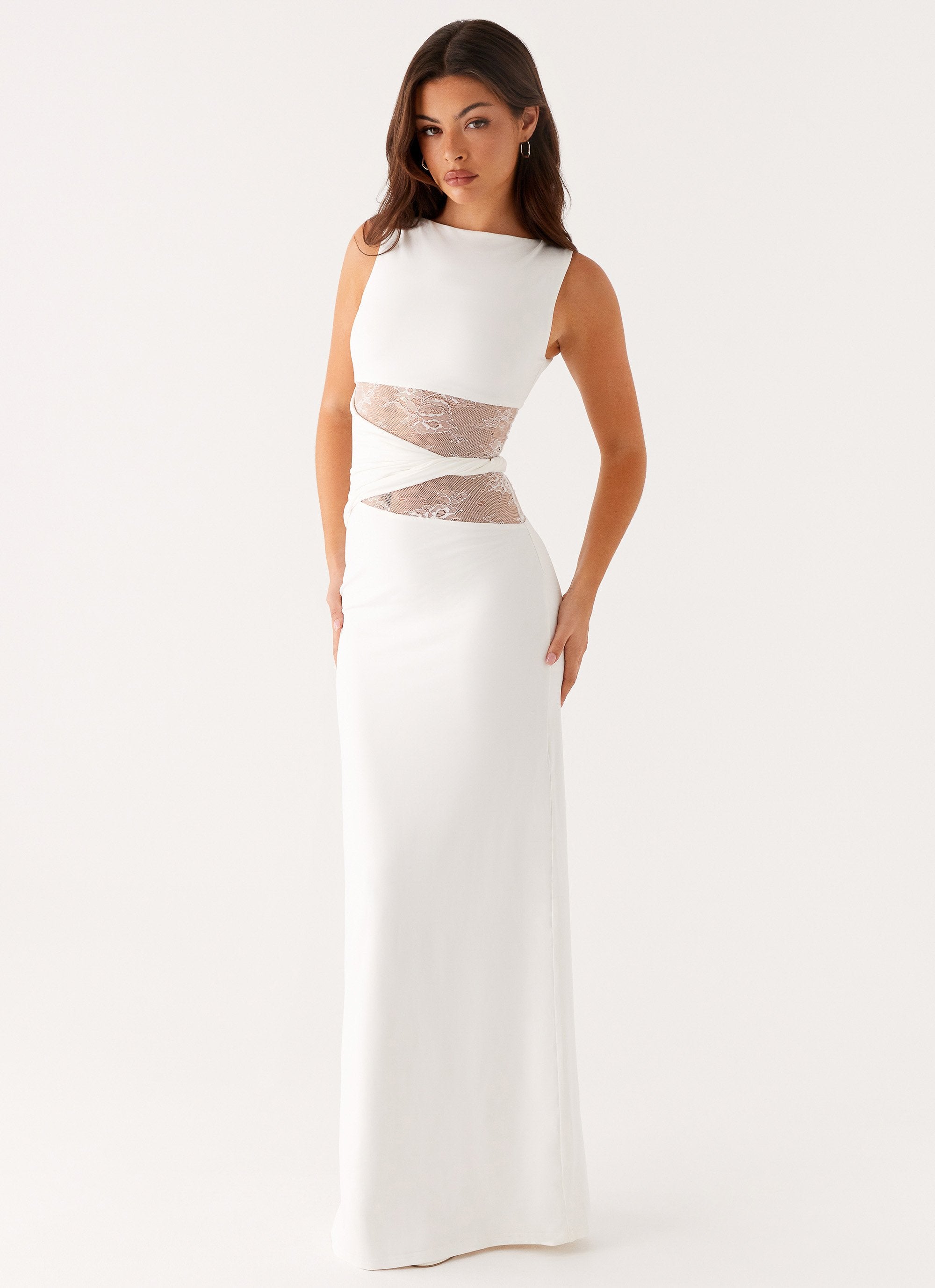 High Neck Sleeveless Lace Cut Out Refined Formal Long Dress — alternative angle