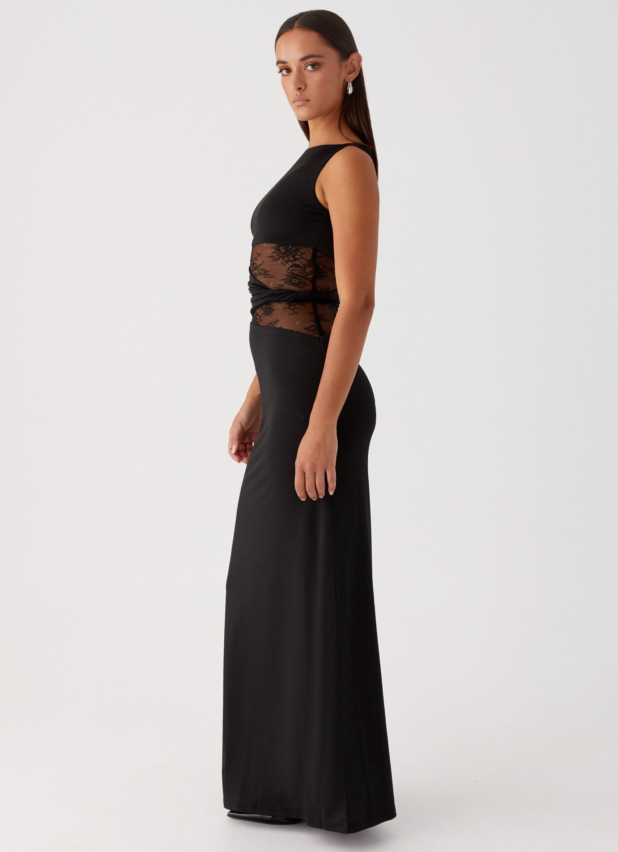 High Neck Sleeveless Lace Cut Out Refined Formal Long Dress — back view