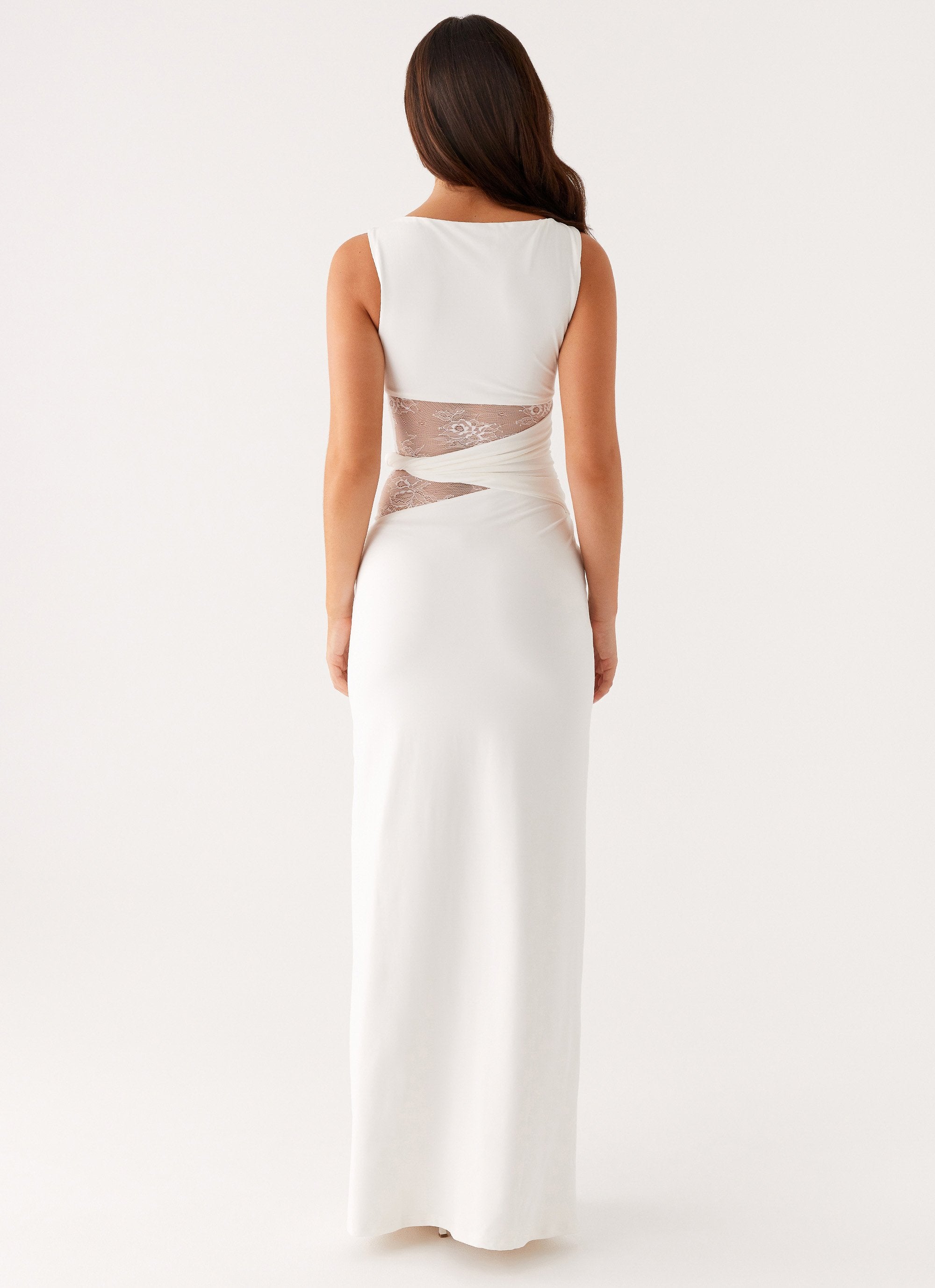 High Neck Sleeveless Lace Cut Out Refined Formal Long Dress — close-up
