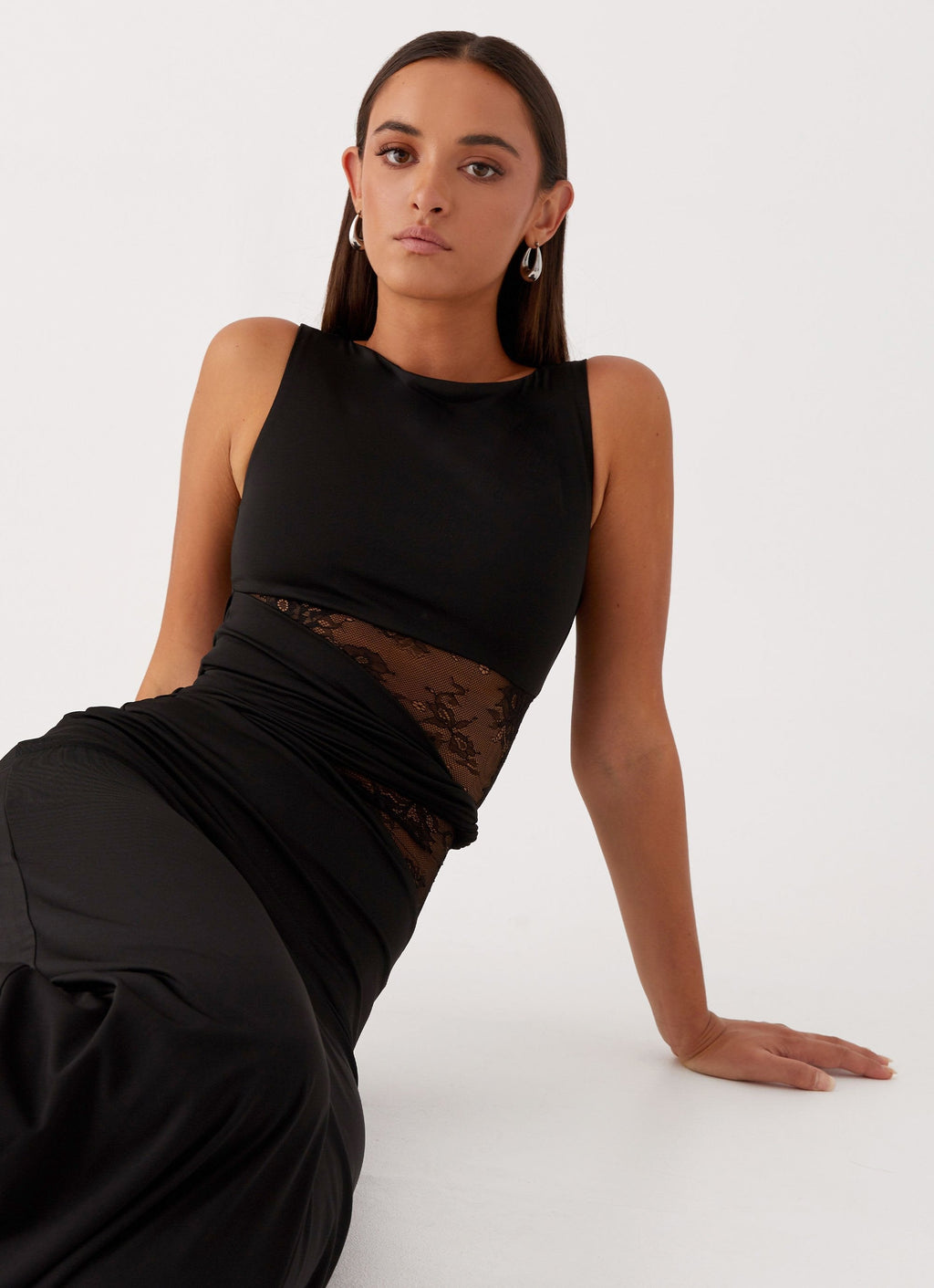 High Neck Sleeveless Lace Cut Out Refined Formal Long Dress — detail view