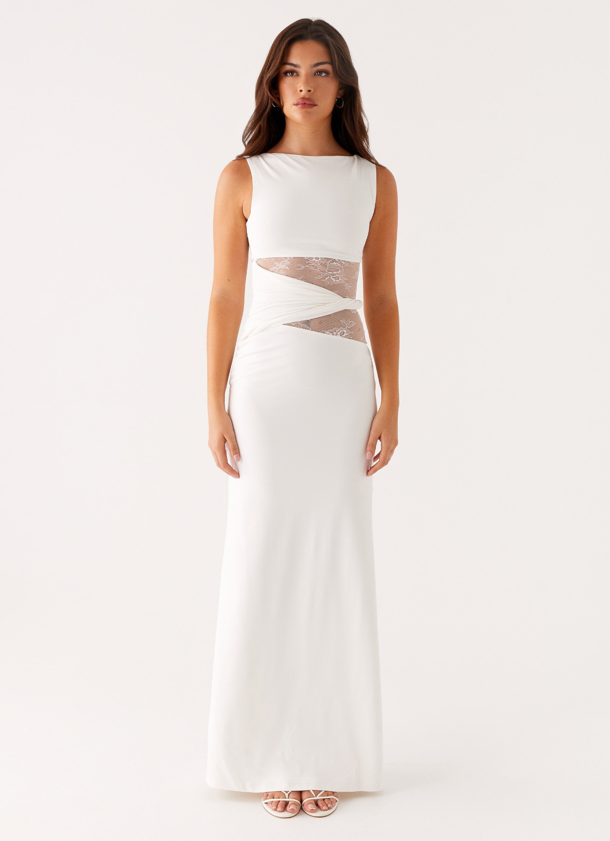 High Neck Sleeveless Lace Cut Out Refined Formal Long Dress — model wearing