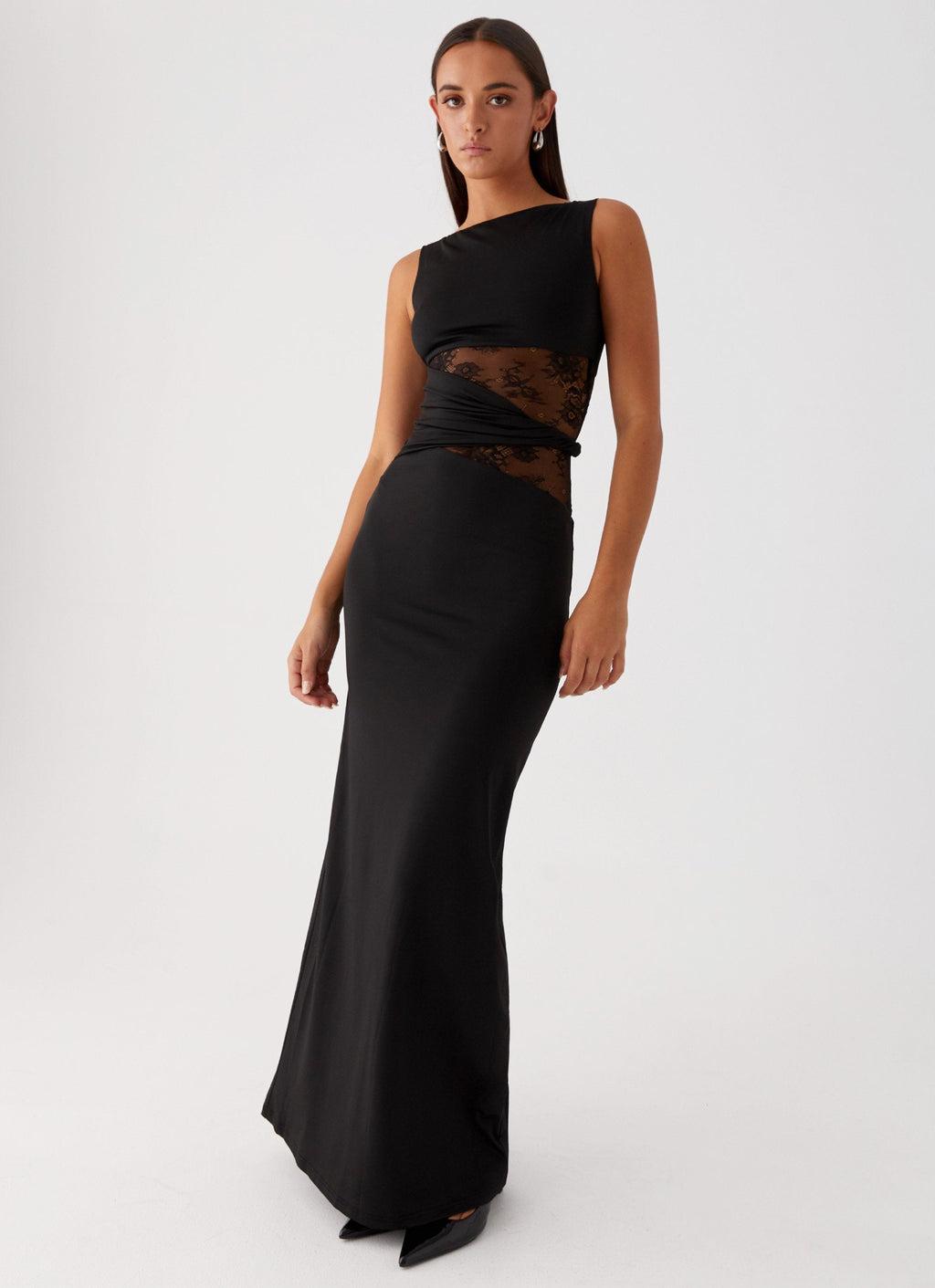 High Neck Sleeveless Lace Cut Out Refined Formal Long Dress — side view