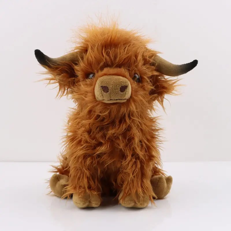 Highland Cow Stuffed Animal with Shaggy Faux Fur and Curved Horns Plush Toy - Image 1