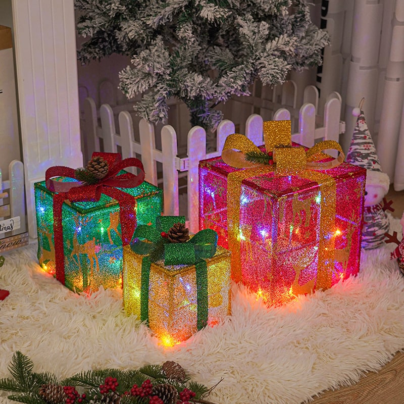 Holiday Gift Sets with Pre-Lit Boxes and Christmas of 3 Lighted Decorative Cube with Bows - Image 2