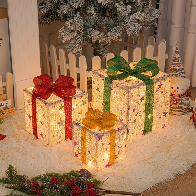 Holiday Gift Sets with Pre-Lit Boxes and Christmas of 3 Lighted Decorative Cube with Bows - Image 5