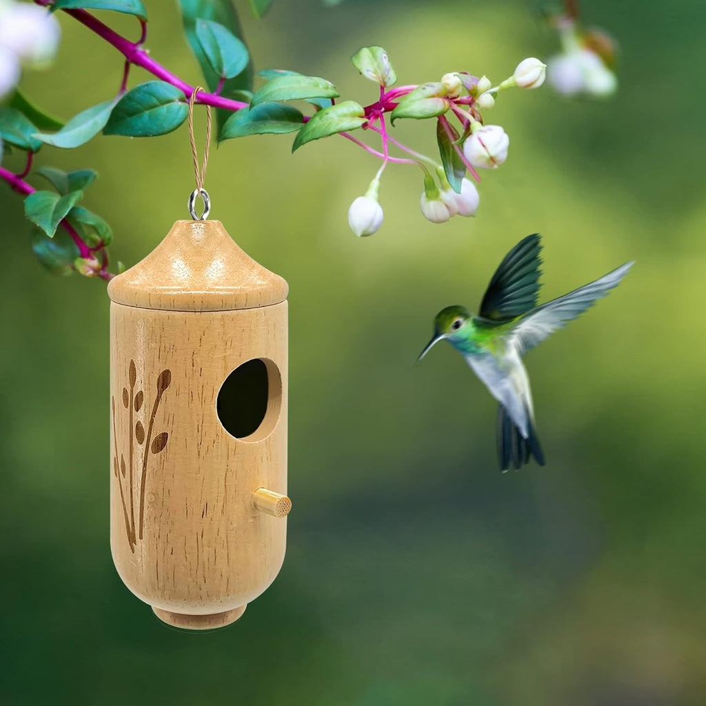Hummingbird House Wooden Birdhouse Hanging Miniature Wood Perch Outdoor Garden - Image 1