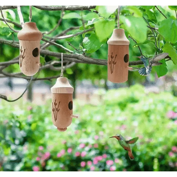 Hummingbird House Wooden Birdhouse Hanging Miniature Wood Perch Outdoor Garden - Image 2