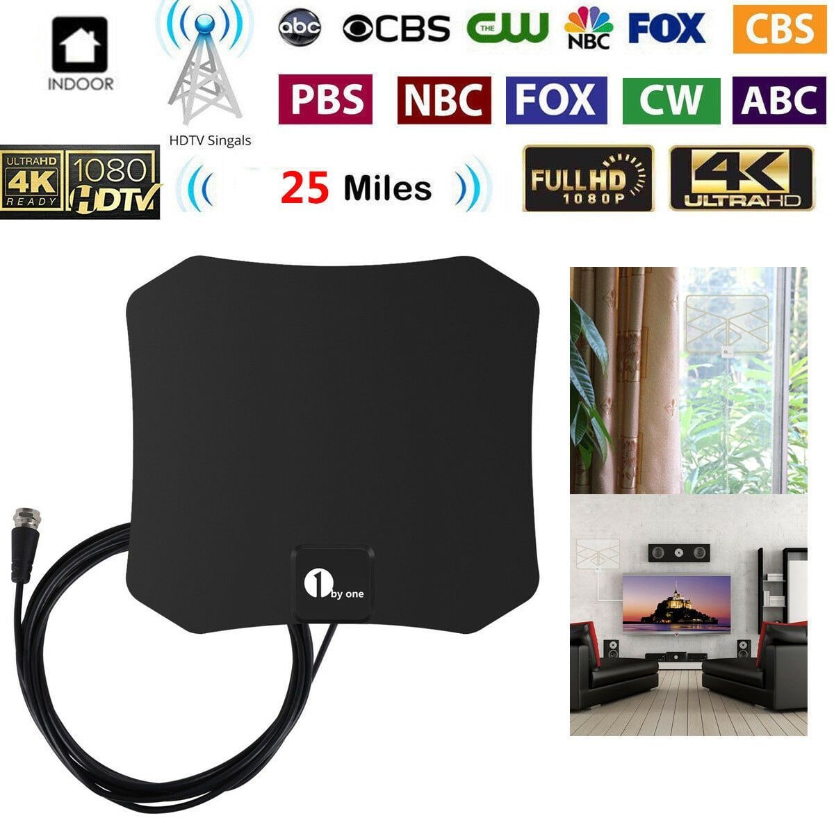 Indoor Antenna Digital TV Hdtv Flat Black Coaxial Window Wall Mount Plug And Play - Image 2