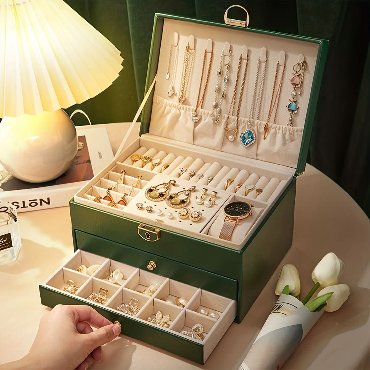 Jewelry Box Organizer with Drawers Velvet Lining and Travel Storage Case And Chain - Image 4