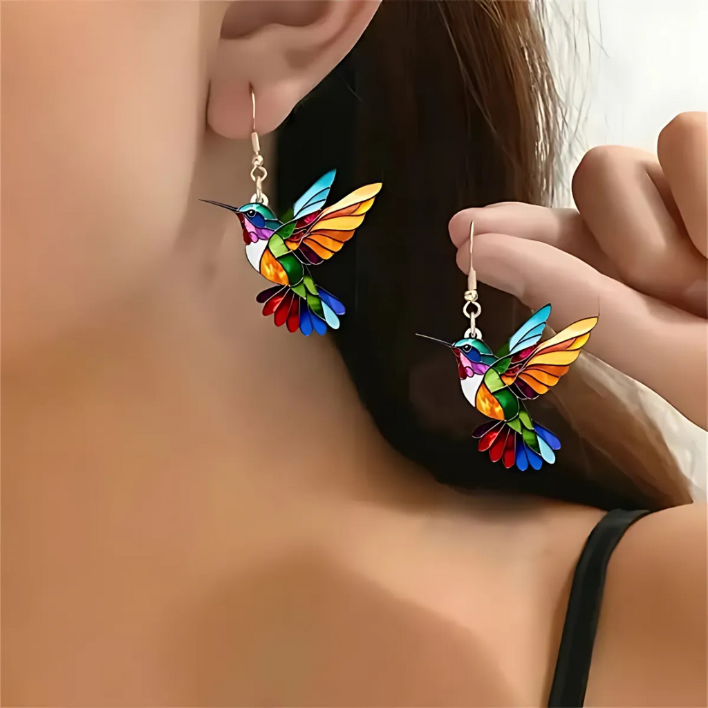 Jewelry Set Hummingbird Necklace Stained Glass Pendant Drop Earrings Gift Bird - Image 2