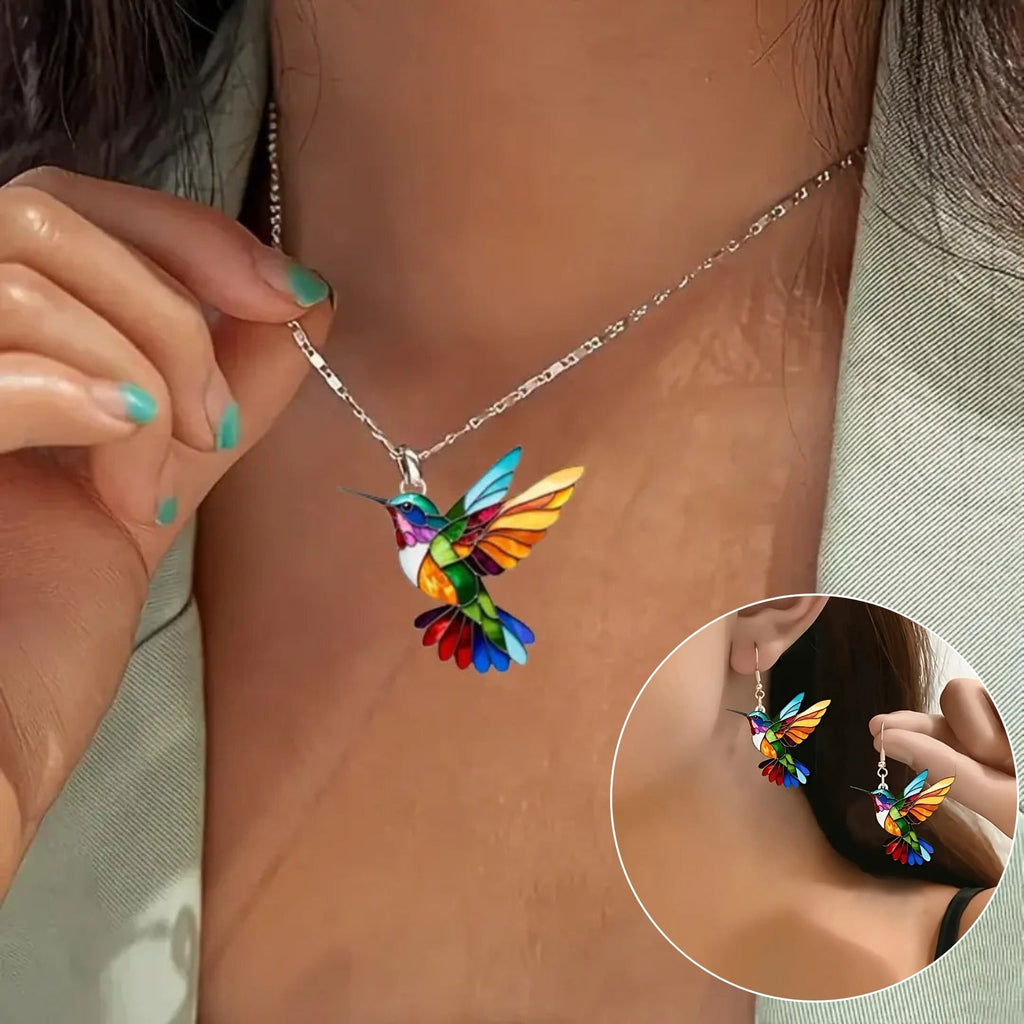 Jewelry Set Hummingbird Necklace Stained Glass Pendant Drop Earrings Gift Bird - Image 3