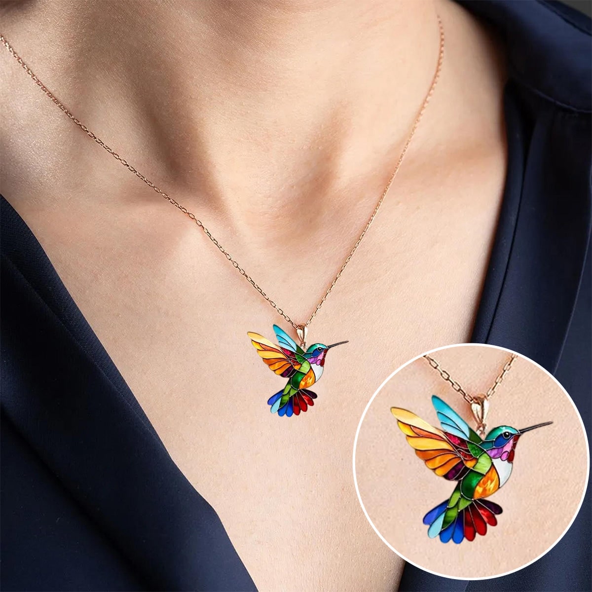 Jewelry Set Hummingbird Necklace Stained Glass Pendant Drop Earrings Gift Bird - Image 4